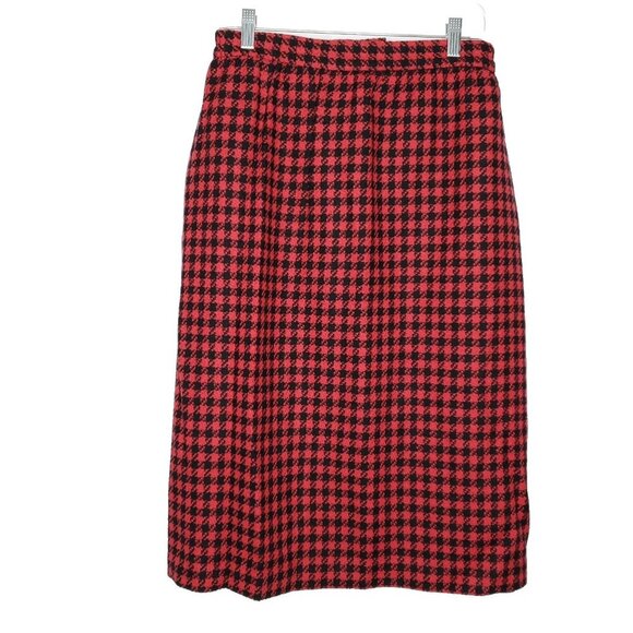Stephen Douglas Dresses & Skirts - Womens Straight Midi Wool Skirt 6 Red Black Check Houndstooth Preppy Office